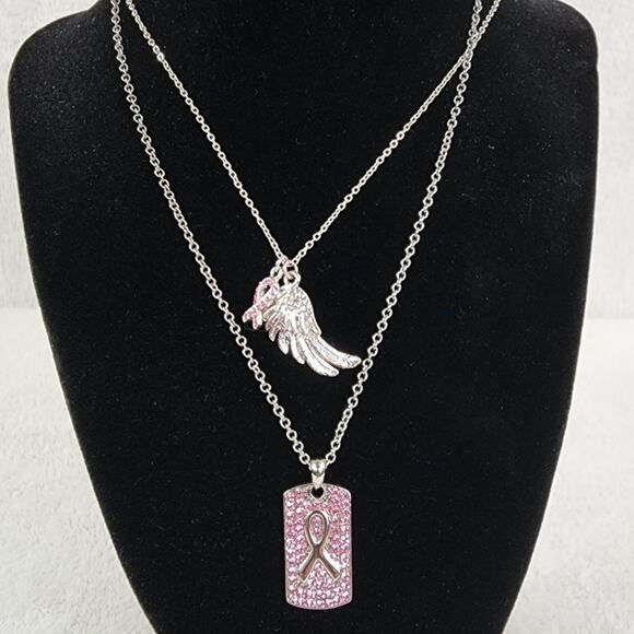 Breast Cancer Awareness Pink Crystal Dog Tag Wings Necklace Set by Cookie Lee - Picture 1 of 7